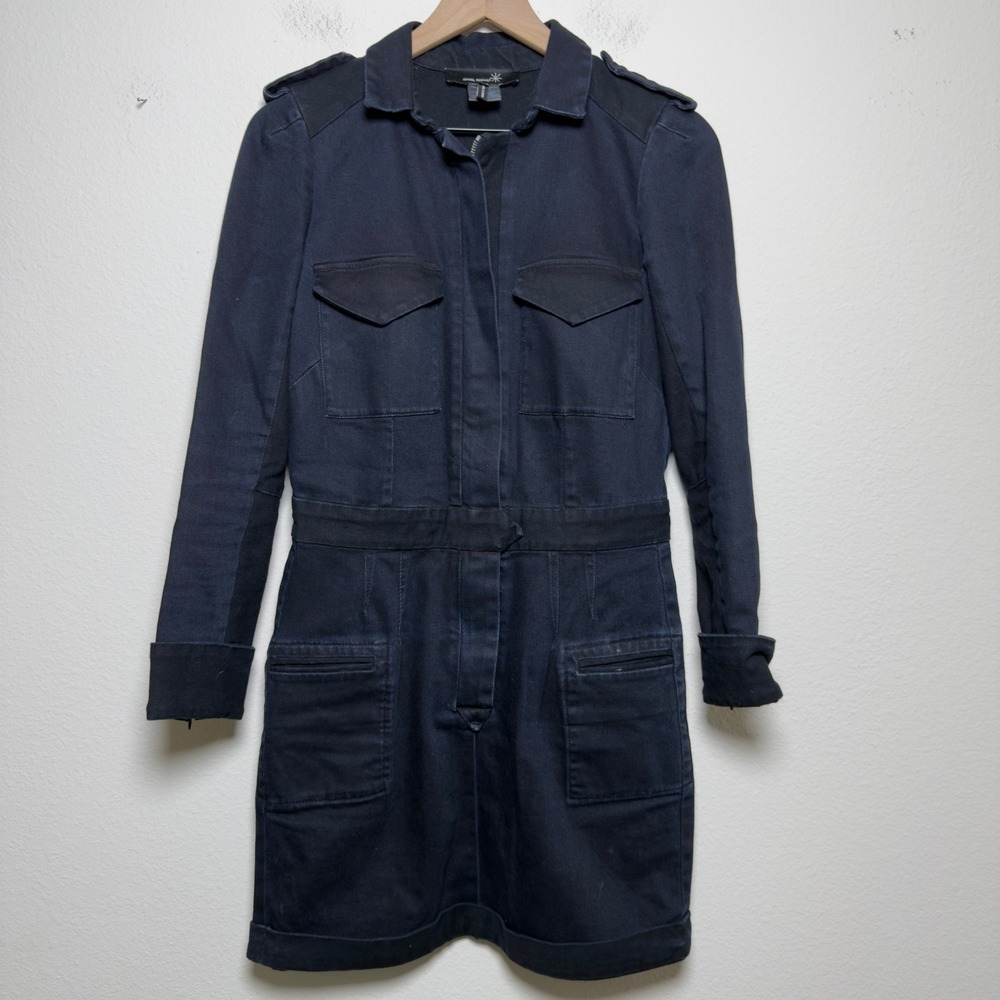 Isabel Marant Women Cotton Denim Dress 2 Navy Blue Military Utility Mini Western